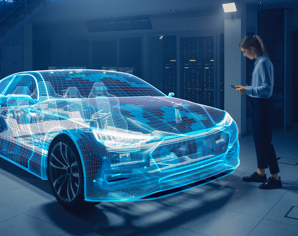 Automobilingenieurin mit Tablet und Augmented Reality im Car Design