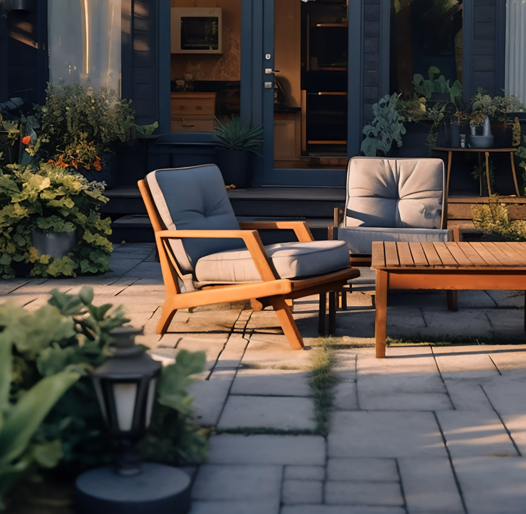 Holzmöbel auf Terrasse — Liegestühle und Tisch von Garten-und-Freizeit.de