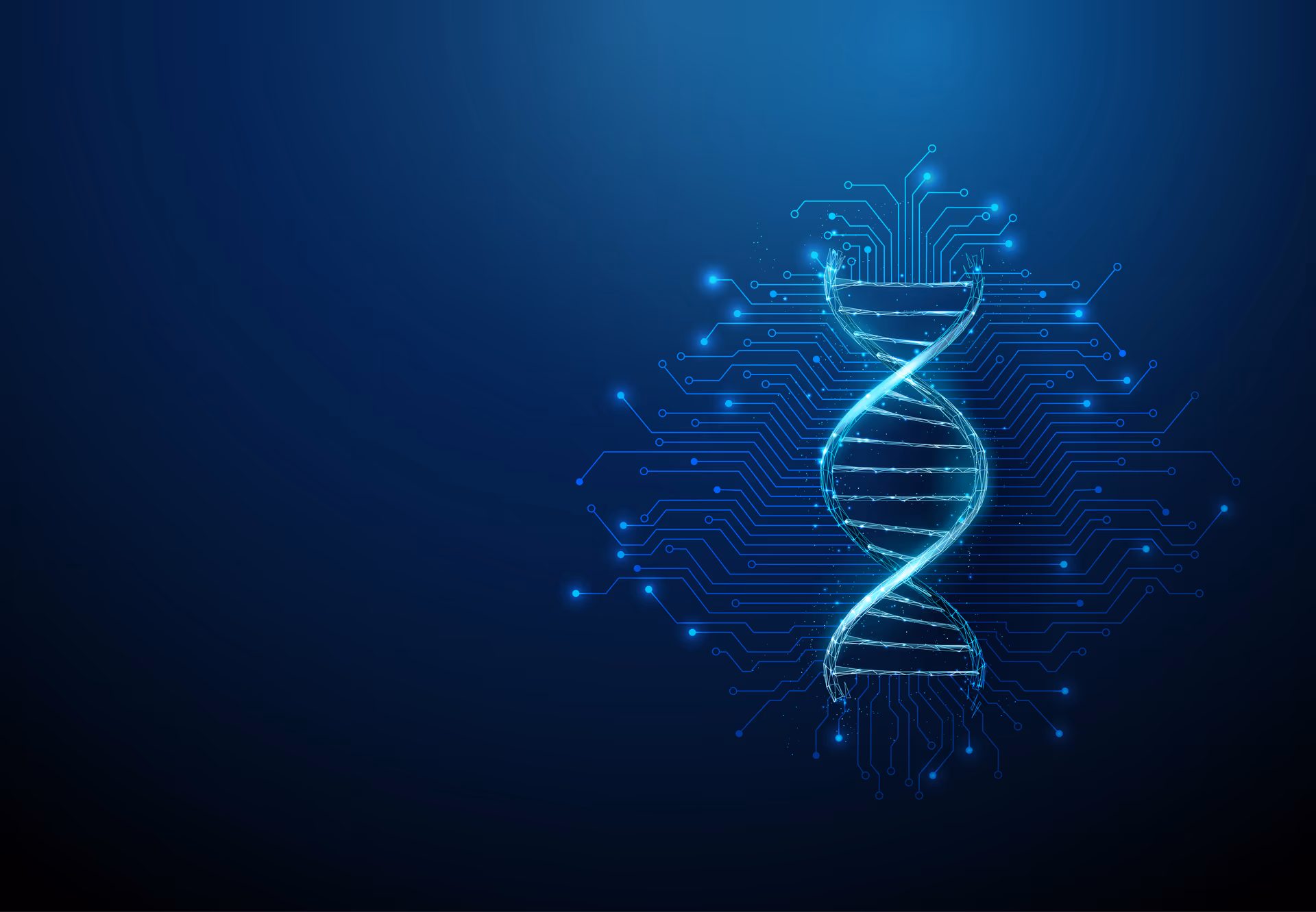 Futuristischer DNA-Strang mit elektronischen Schaltlinien — Gentechnik, KI-gestütztes Gesundheitskonzept