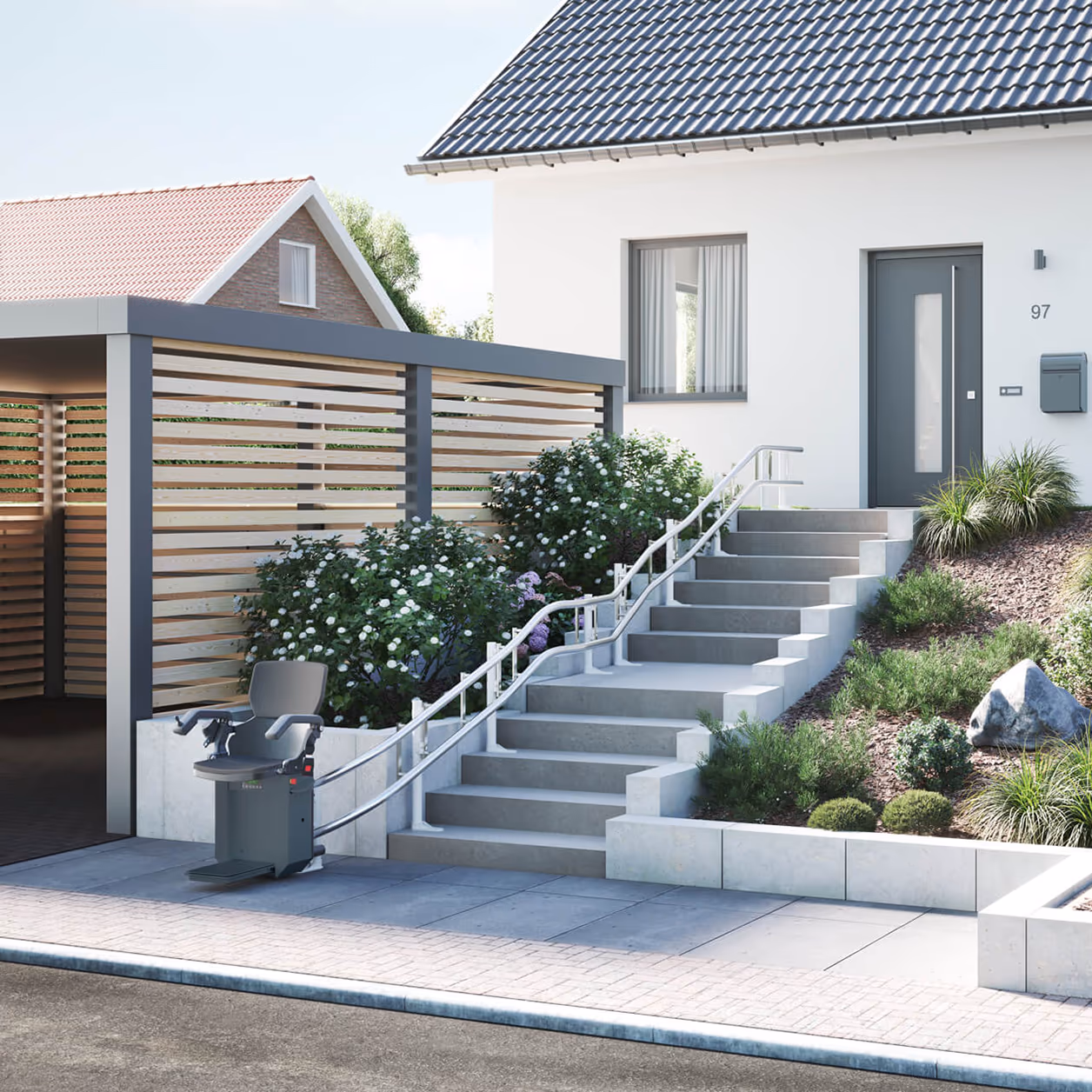 Modernes Einfamilienhaus mit Treppenaufgang und außenliegendem Plattformlift von HIRO LIFT