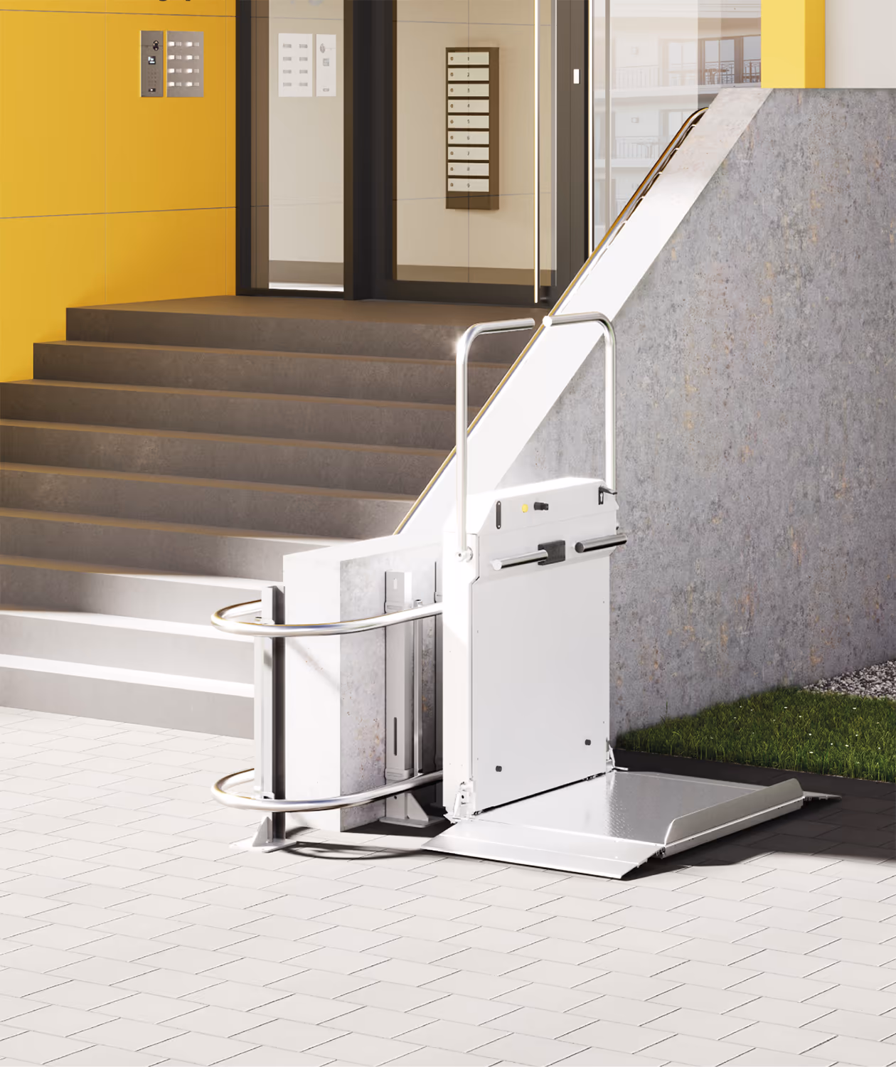 Treppenhaus-Eingang mit Plattformlift von HIRO LIFT — barrierefreier Zugang in einem öffentlichen Gebäude