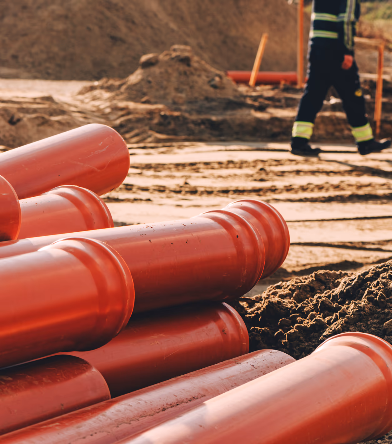 Kunststoff-Abwasserrohre auf der Baustelle — Sinnbild für die System-Kompetenz von Wavin
